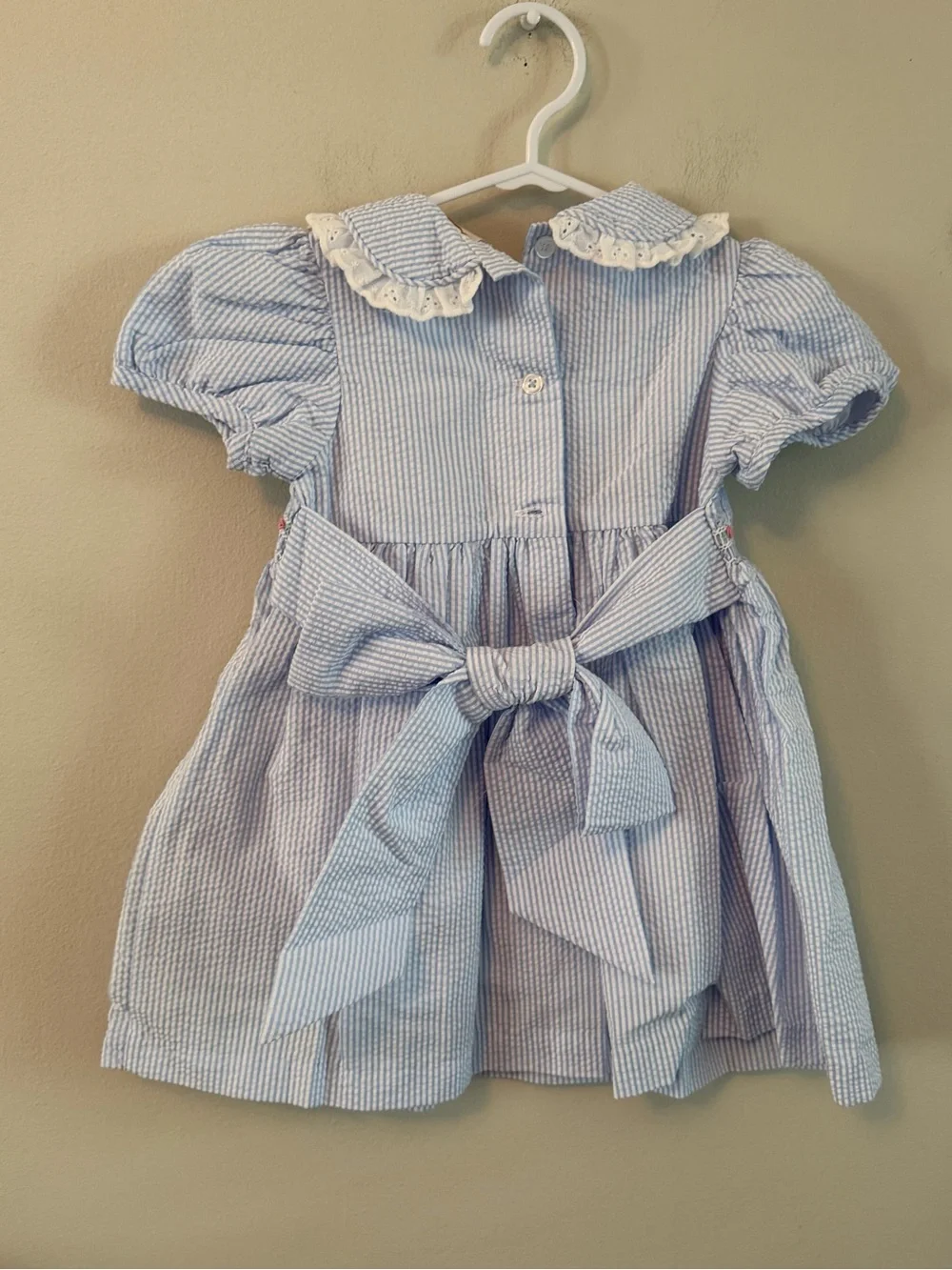 The Beaufort Bonnet Company Blue Seersucker Floral Smocked Dress
